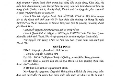 Thanh Hóa: Công ty cổ phần Kiến trúc SPT vi phạm trật tự xây dựng